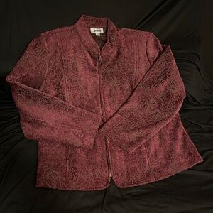 Dress Barn Women XL Burgundy with Floral Brocade Tapestry Jacket Full Zip